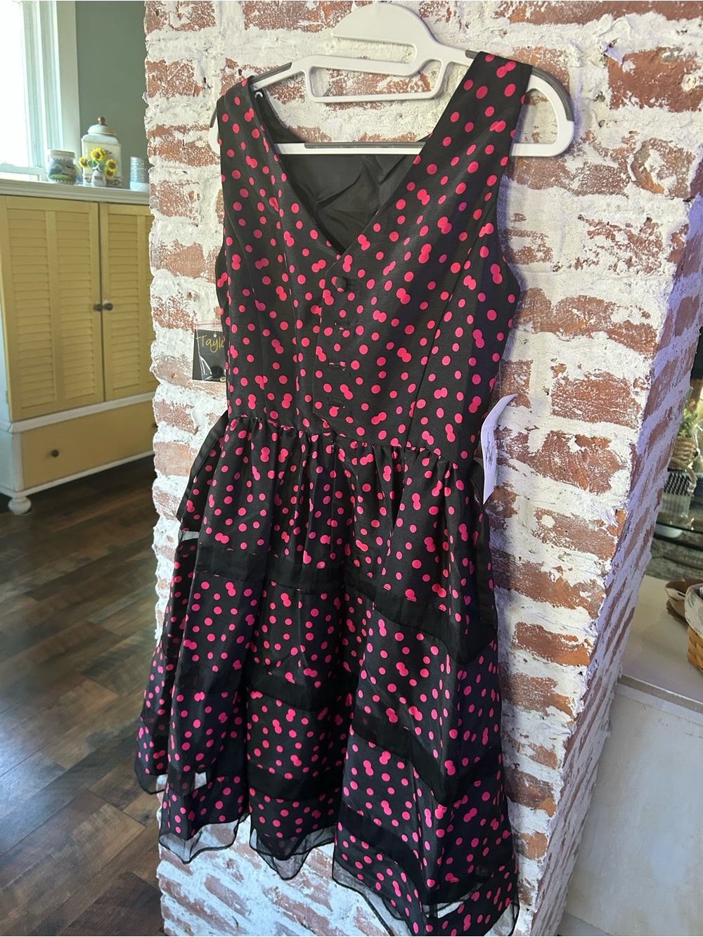 NWT TAYLOR Patterned & Striped Midi Dress with Pink Dots, Lined, w/Taffeta Under - Picture 7 of 16